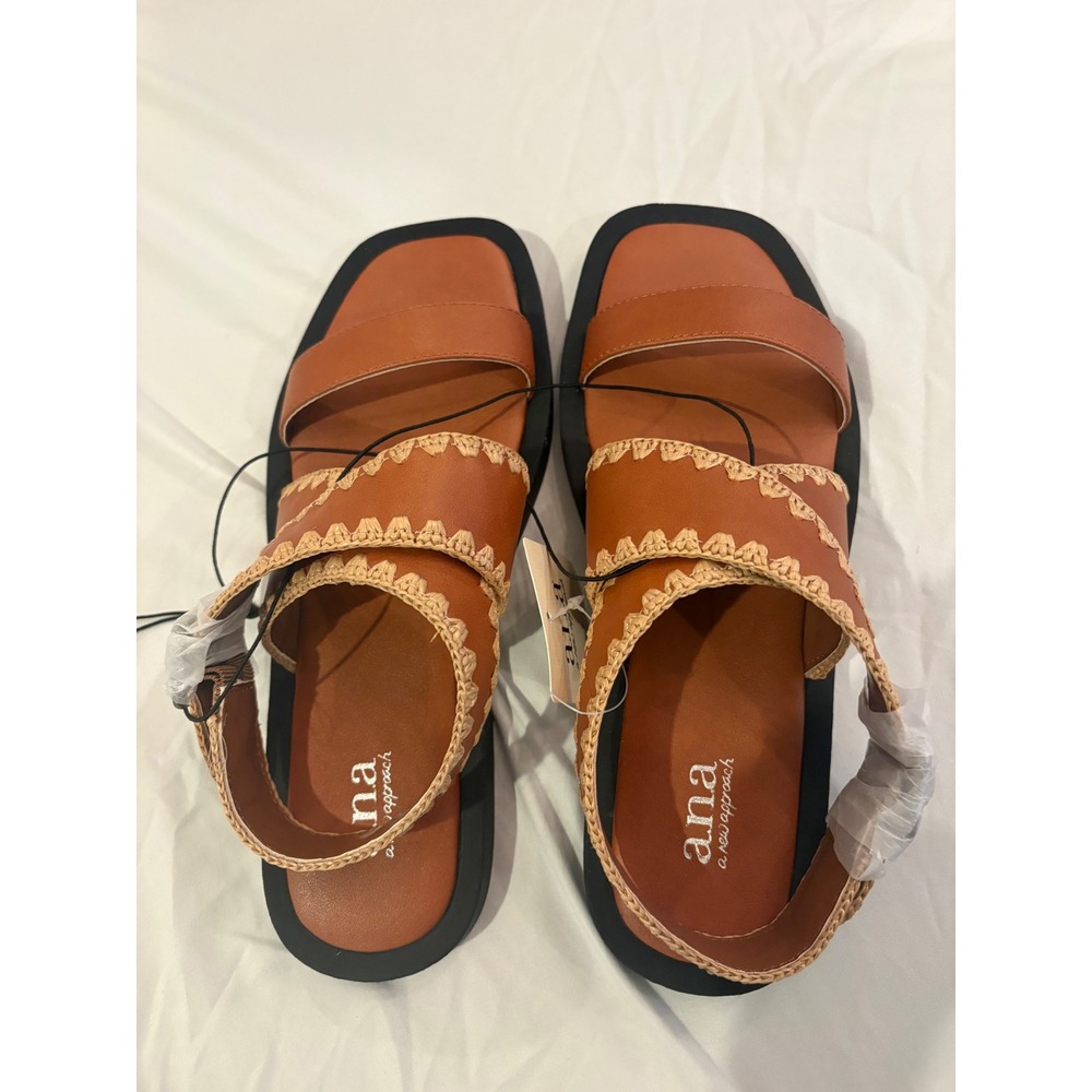 a.n.a A New Approach Vest Cognac Crochet Trim Slingback Sandals Womens 7.5 NEW